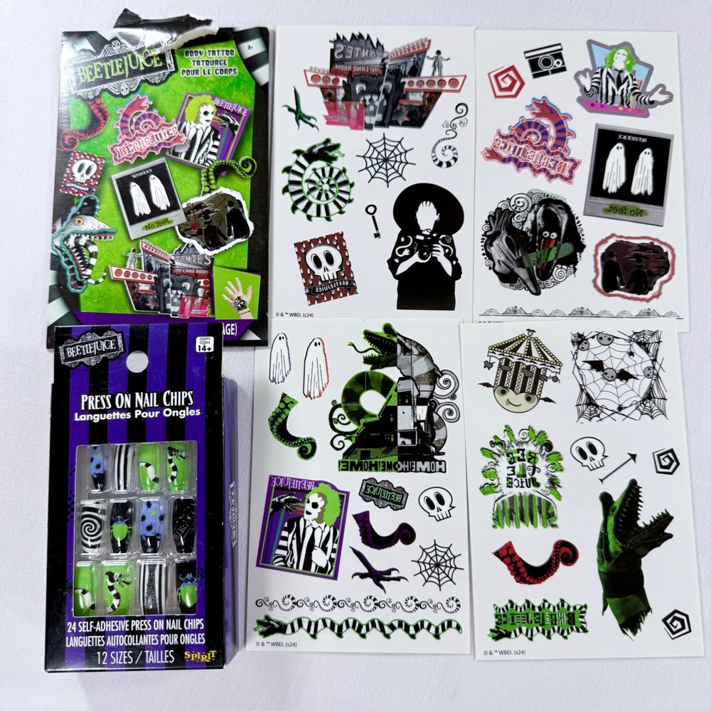 Beetlejuice Press On Nails & Temporary Body Tattoo Lot Halloween Spirit Townley